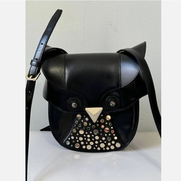 LUANA Italy Minerva Black Leather Studded Tassel Witch Wise Owl Crossbody Bag - Picture 2 of 9